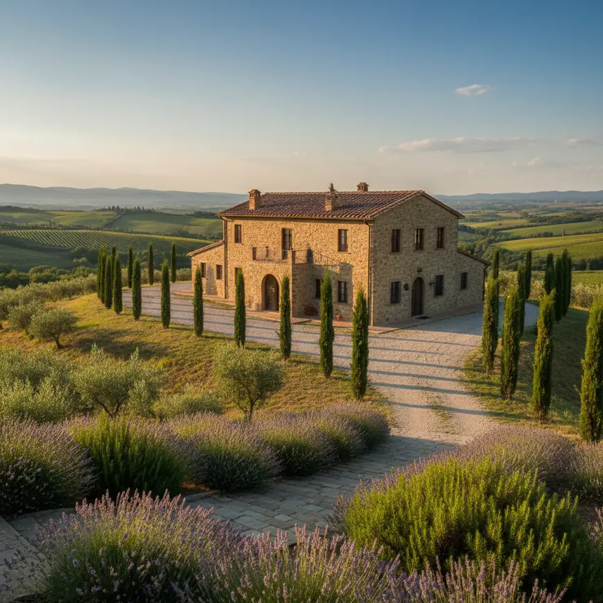 Tuscan stone villa with terracotta roof on hillside surrounded by cypress trees and olive groves