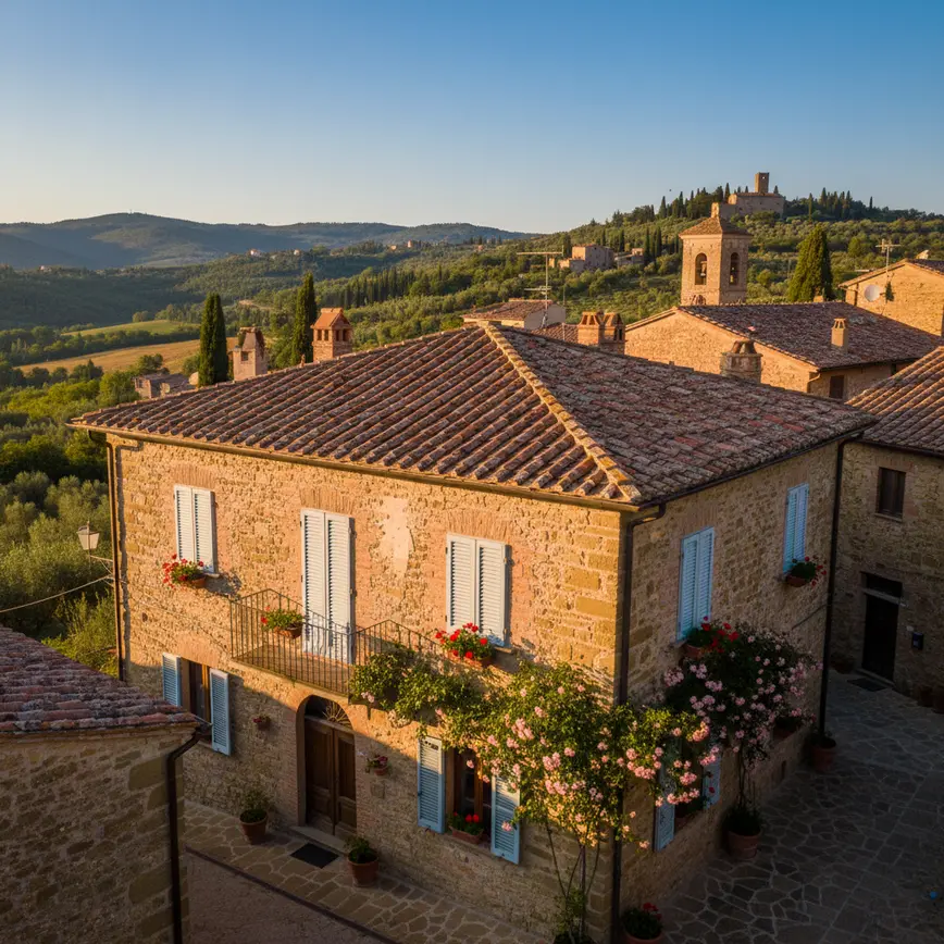 Traditional Italian stone house with terracotta roof in historic hillside village showing renovation potential