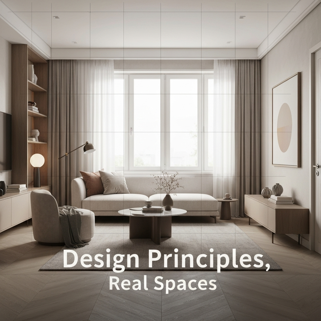 A modern, elegantly designed living room with subtle architectural grid lines overlaid, symbolizing the application of interior design principles. The scene illustrates the article 'From Theory to Your Living Room: A Step-by-Step Guide to Applying Interior Design Principles'.