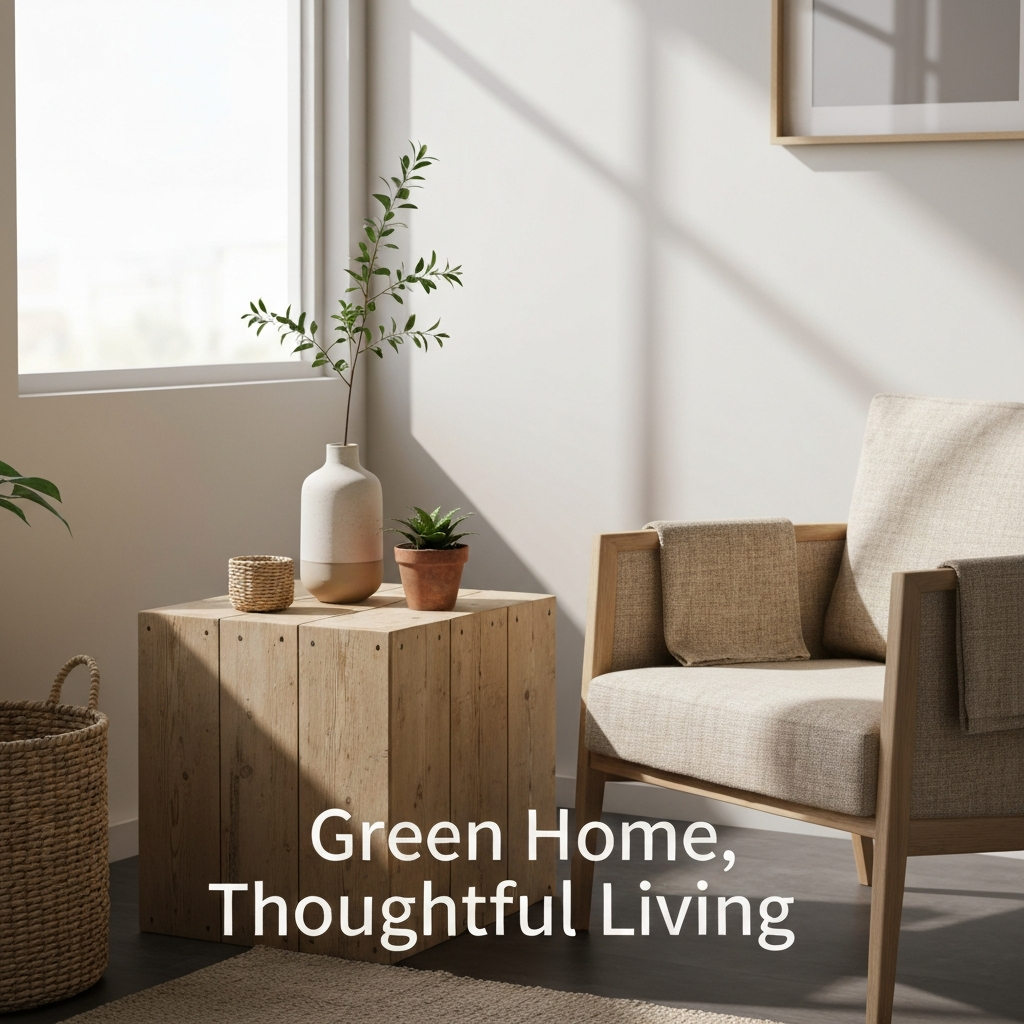 A serene, naturally lit modern living room corner showcasing sustainable decor elements like a repurposed wooden table, a linen armchair, and a plant, with the headline "Green Home, Thoughtful Living" overlaid. This image illustrates "How to Embrace Sustainable Decor: 7 Actionable Steps for an Eco-Friendly Home."