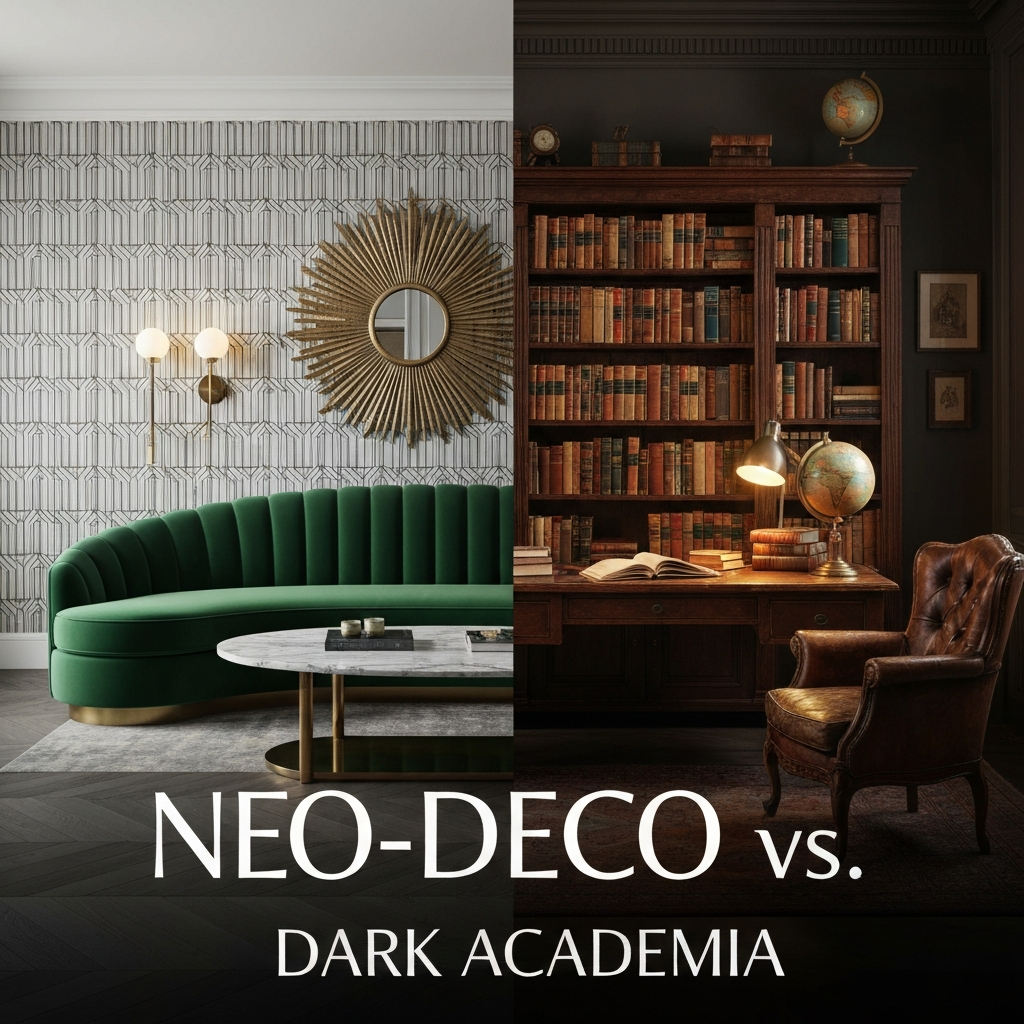 A split image showing a luxurious Neo-Deco living room on the left with a green velvet sofa, marble, and brass, contrasted with a cozy Dark Academia study on the right featuring dark wood, leather, and abundant books, illustrating the ultimate style showdown between Neo-Deco and Dark Academia.