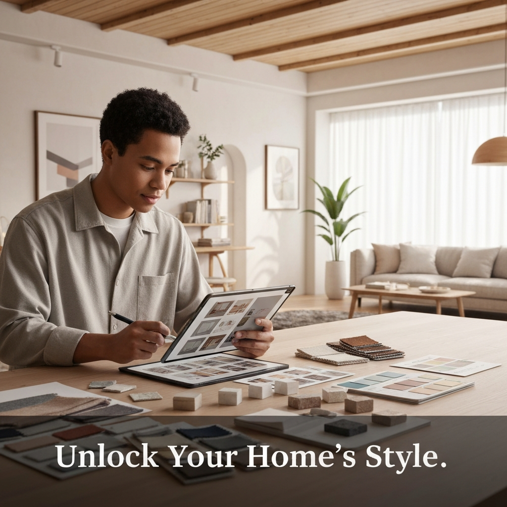A young person curating a digital mood board on a tablet in a modern, naturally lit interior, illustrating "How to Find Your Perfect Interior Design Style: A 5-Step Guide."
